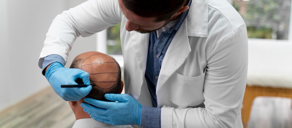Specialist assessing a patient's scalp for a hair transplant in Dubai.