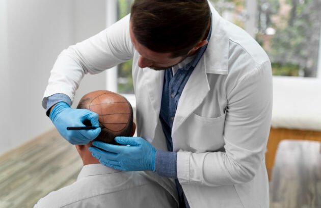 Specialist assessing a patient's scalp for a hair transplant in Dubai.